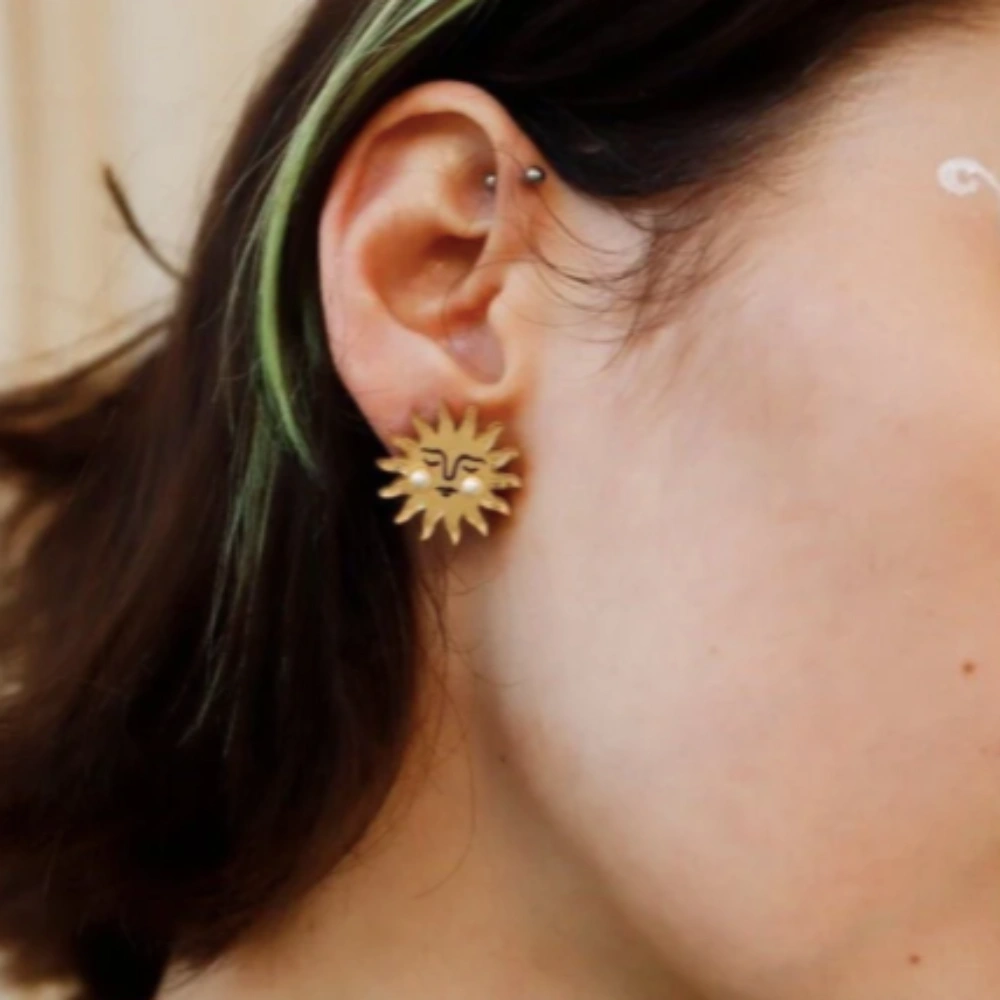 Wolf & Moon Sun Studs Wearing